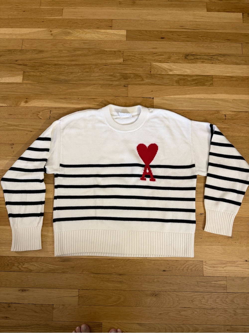 Ami Alexandre Mattiussi White Crewneck with Black Stripes and Red Heart gently